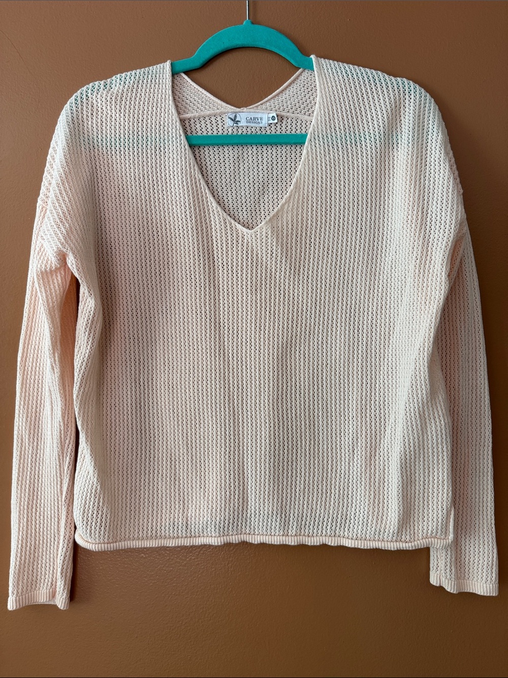 Carve Designs Open-Knit V-Neck Top in Light Pink